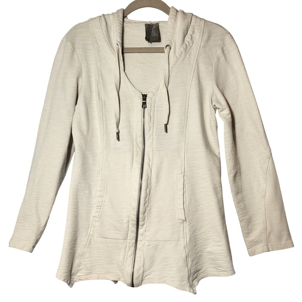 XCVI Womens Cream Hoodie Sweatshirt Full Zip Ribbed Panel Pockets Size S